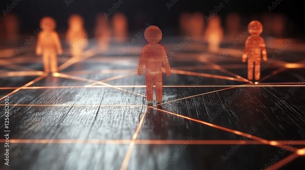 Poster abstract representation of interconnected figures on a digital network with glowing lines