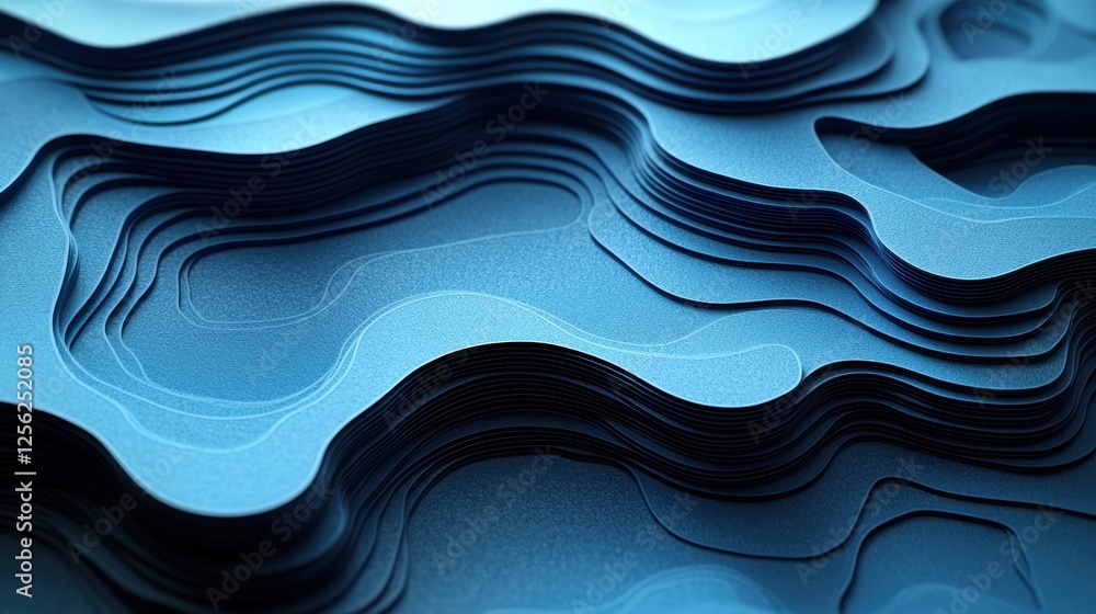 Poster abstract layered blue textures resembling waves or topographical maps.
