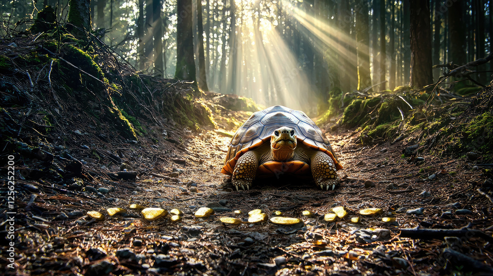 Poster a tortoise slowly traverses a sunlit forest path, surrounded by dappled light and greenery