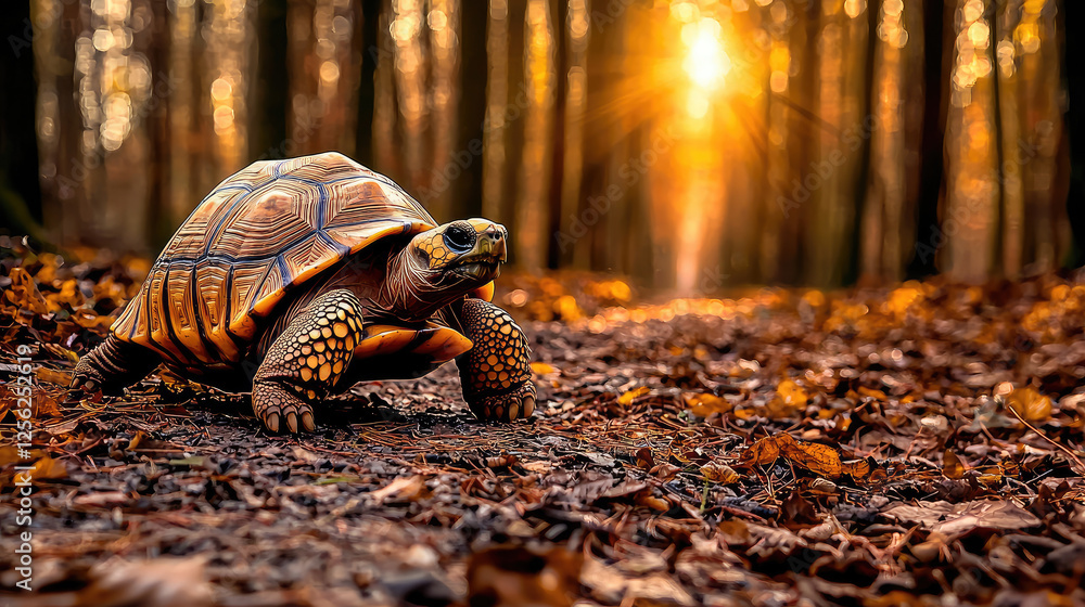 Poster a tortoise slowly traversing a leaf-covered forest path during a golden sunset