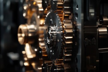 Naklejka premium Close-up of Mechanical Gears in Motion . A close-up view of a watch showcasing intricate gears and mechanisms, highlighting its craftsmanship and precision.