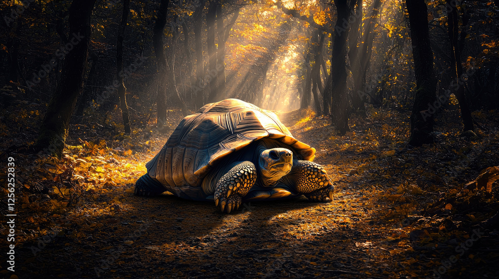 Poster a large tortoise slowly traverses a sunlit forest path surrounded by autumn foliage