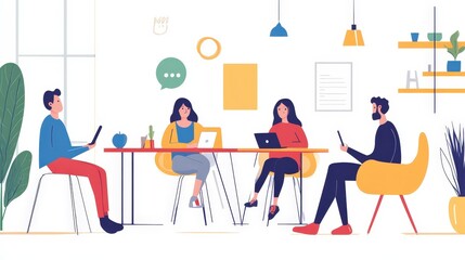 A group of people are collaborating and brainstorming around a large light bulb, symbolizing ideas and creativity. Various icons and symbols related to innovation and teamwork surround them, indicatin