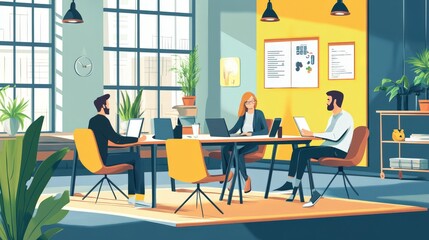 A group of people are collaborating and brainstorming around a large light bulb, symbolizing ideas and creativity. Various icons and symbols related to innovation and teamwork surround them, indicatin