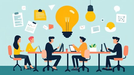 A group of people are collaborating and brainstorming around a large light bulb, symbolizing ideas and creativity. Various icons and symbols related to innovation and teamwork surround them, indicatin