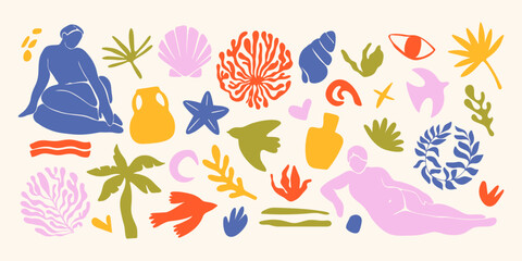 Obraz premium Abstract nature shapes. Organic floral minimalistic collage elements, modern botanical cut out silhouettes, creative fauvism naive plants woman body figure algae vase. Vector set