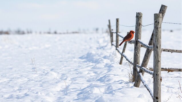 Explore the beauty of winter with a cardinal in a snowy landscape Rustic charm meets vivid nature in this striking image - Powered by Adobe