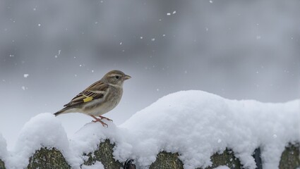 Charming goldcrest bird on snowy fence vibrant against icy backdrop Soft snowflakes dance around creating a serene winter scene