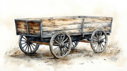 Antique wooden wagon on dusty field; watercolor illustration