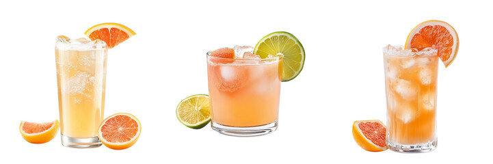 Set of A refreshing Paloma cocktail in a tall glass with a salted rim, garnished with a lime wedge on transparent png background