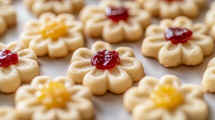 Close-up of decorative flower-shaped cookies with jam center on baking sheet