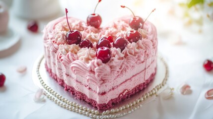 Heart shaped cherry cake with whipped cream topping and fresh cherries on elegant plate