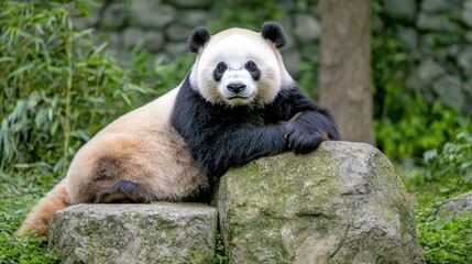 Panda resting on rocks in a lush garden.  Possible use Wildlife conservation, zoo, nature documentary