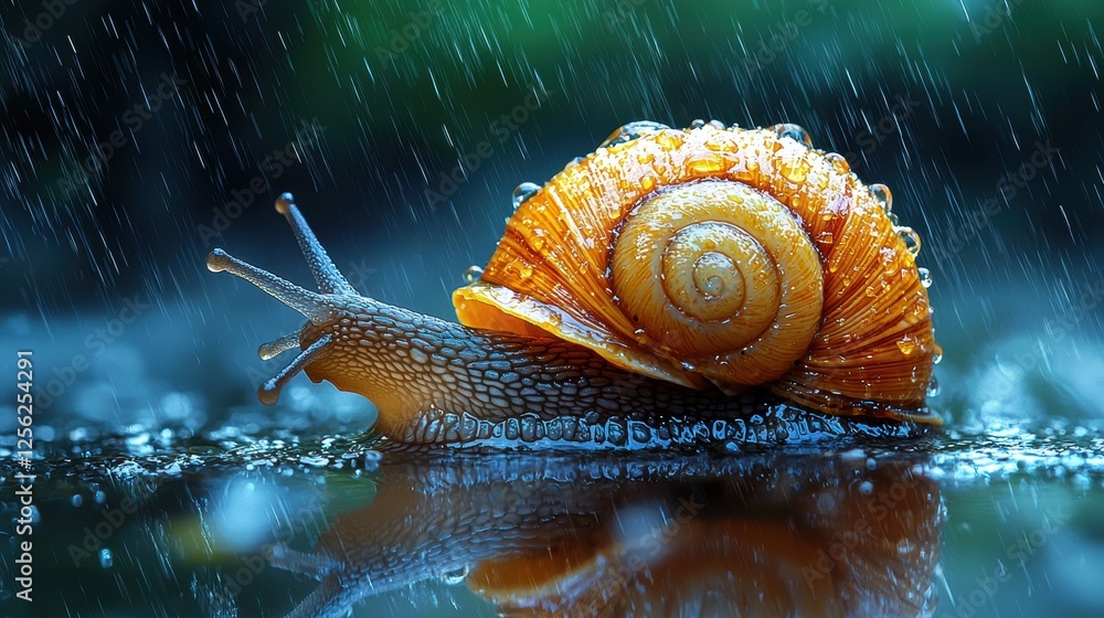 Poster a close-up of a snail with a vibrant shell in a rainy environment.