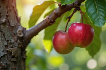 Bright red apples hanging from a branch in a lush garden during afternoon sunlight, showcasing nature's vibrant colors and textures
