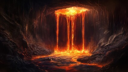 Inferno's Waterfall: A fiery digital art depicting a subterranean lavafall cascading into a molten pool within a dark, cavernous landscape.