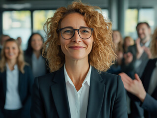 Portrait of a smiling businesswoman welcoming colleagues, smiling and happy to receive a promotion or a new job. New professional challenges lie ahead.