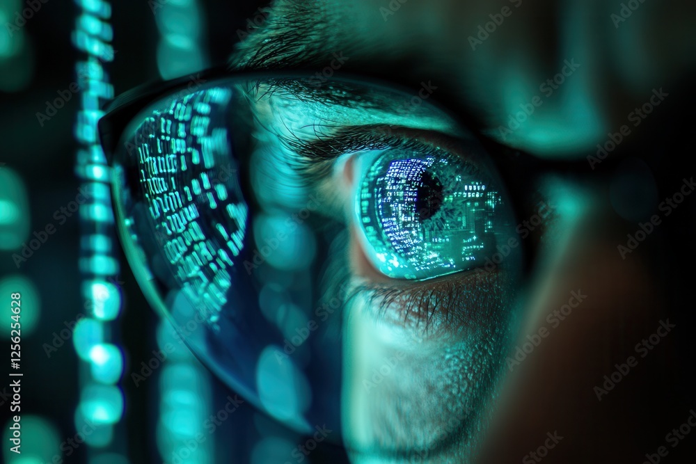 Poster close-up of a cybersecurity analyst investigating a digital security breach on a network server with