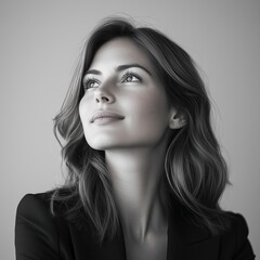 Fototapeta premium Monochrome portrait of a businesswoman looking up, expressing hope, ambition, and confidence for the future