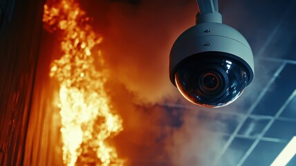 A surveillance camera captures a fire blazing against a dark background, highlighting the urgency of monitoring safety in hazardous conditions.