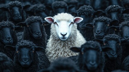 A white sheep prominently stands out among a dense flock of black sheep, creating a striking visual contrast in a rural environment