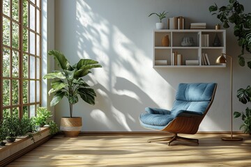 A serene indoor space featuring a stylish blue chair, vibrant plants, and soft sunlight filtering through large windows, creating a peaceful atmosphere.