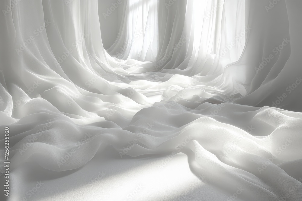 Aufkleber A serene interior scene featuring flowing white fabric, creating an ethereal atmosphere with soft light filtering through translucent drapes.