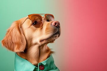 Dog wearing stylish sunglasses and a mint shirt poses confidently against a colorful backdrop, radiating charm and personality