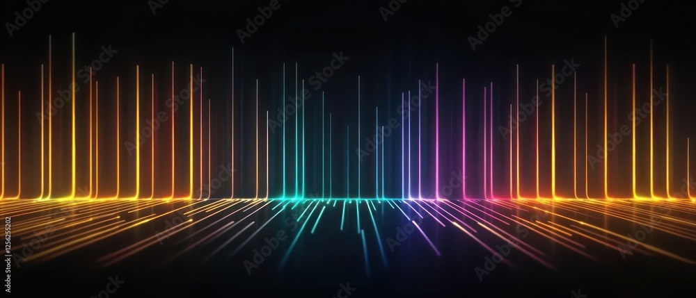 Poster vibrant abstract soundwave visualization with colorful lines against a dark background