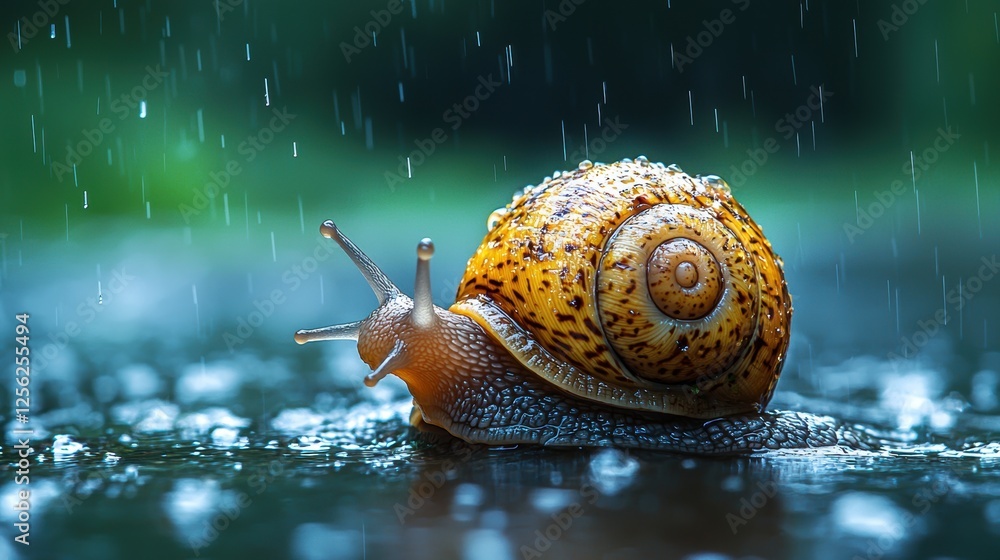 Poster a close-up of a snail on a wet surface during rainfall.