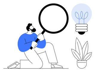 Man holding a magnifying glass while kneeling, near a light bulb and potted plant. Ideal for concepts thumbs up research, discovery, innovation, growth, new ideas, curiosity, and problem-solving