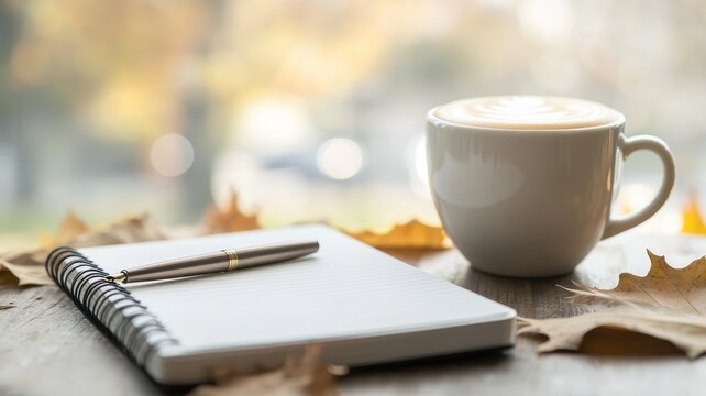 A cozy scene featuring a notebook, pen, and a cup of coffee surrounded by autumn leaves, perfect for writing or reflecting.