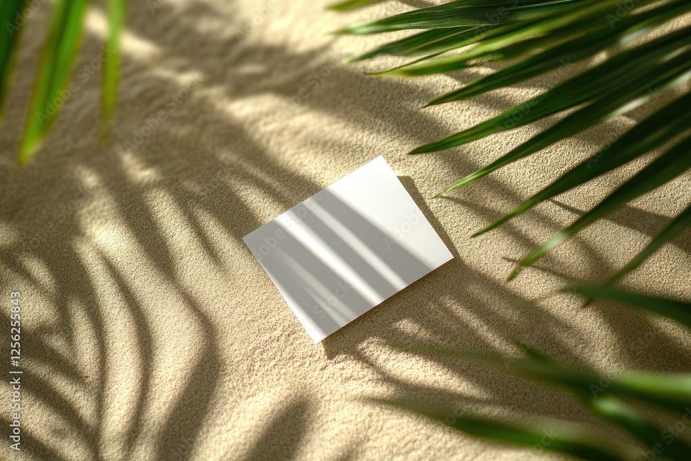 Poster blank white business card resting on textured sand with palm leaves creating dynamic shadows, ideal 