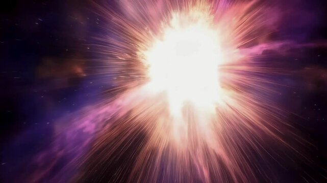 An intense explosion of radiant white and pink light, resembling a supernova or cosmic burst, radiating energy outward in all directions. Concept of power and celestial phenomena
