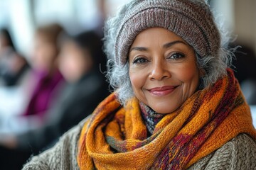 A smiling woman with gray hair wearing a cozy hat and scarf, radiating warmth and joy. Perfect for lifestyle and wellness themes.