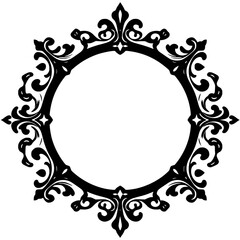 Ornate circular black mirror frame on white background.