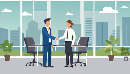 Inside a modern office setting, a man and a woman engage in a firm handshake, representing a professional greeting between colleagues and business associates
