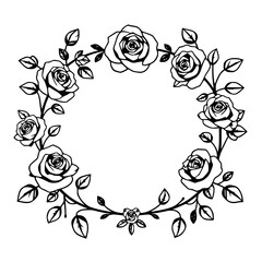 Rose Wreath: A black and white drawing of a wreath containing roses and leaves.