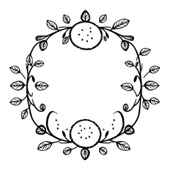 Round Monochrome Floral Wreath with Leafy Branches and Floral Elements