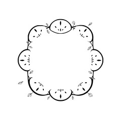 Minimalist black and white illustration featuring a circular arrangement of sliced watermelon and leaves, creating a symmetrical, artful design.