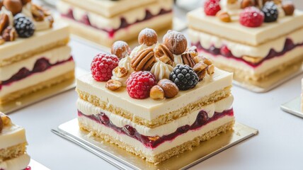 A delicious layered cake topped with fresh berries and nuts, showcasing rich cream and vibrant colors, perfect for dessert lovers.