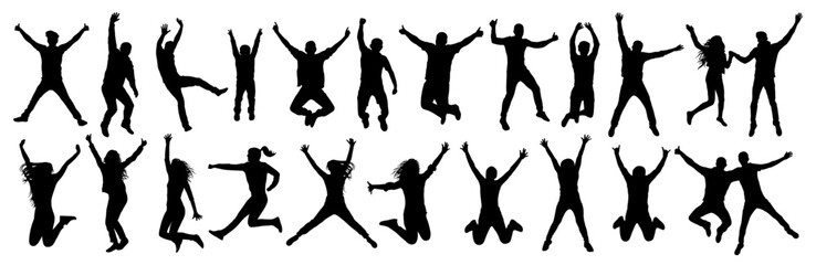 Silhouettes of jumping people jumping in various poses, set. Vector illustration