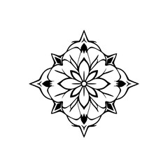 Symmetrical black and white floral design mandala, stylized with sharp points, symmetric, on a plain white background.