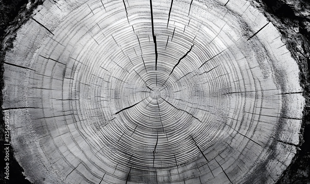 Poster monochrome tree rings cross section texture with cracks and unique pattern