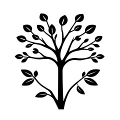 Stylized black-and-white tree silhouette with leaves.