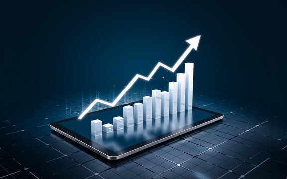 A digital representation of a rising graph arrow displayed on a tablet screen, symbolizing growth, success, and progress in business, finance, and technology.