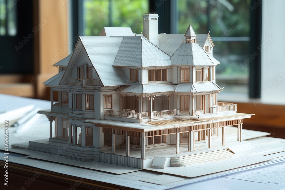Poster building blueprint plans and house model . a house model elegantly placed on a table, illustrating v
