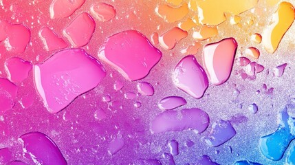 Colorful Water Droplets Abstract Texture - Vibrant pastel rainbow hues, iridescent water droplets, metallic sheen, liquid texture, abstract art background. Symbolizes: fluidity, energy, vibrancy