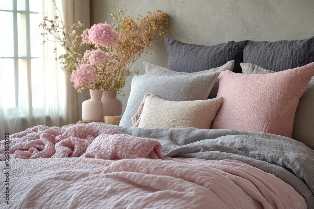 Poster cozy bed adorned with soft pink and gray linens, complemented by a vase of dried flowers, creating a