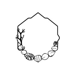 Hexagonal frame with line art of seashells, coral, and marine elements.